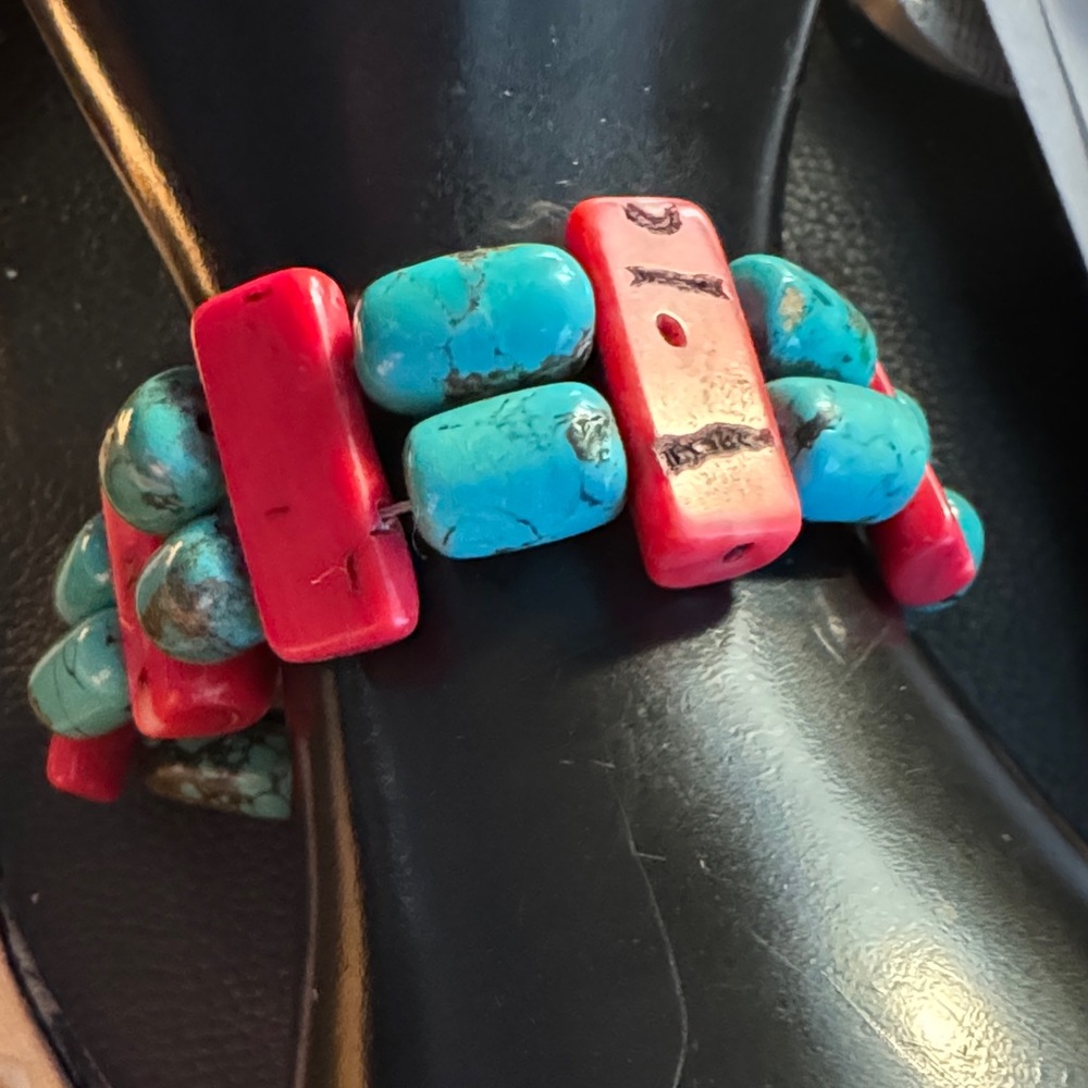 Navajo Southwest Style Turquoise & Red Coral Bracelet w Sterling Hook Closure